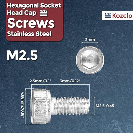 Kozelo 50pcs Socket Head Cap Screws - [M2.5-0.45 x 3mm] 304 Stainless Steel Allen Socket Drive for Electrical Motor 3D Printing Fan Engine Replacement Use, Silver