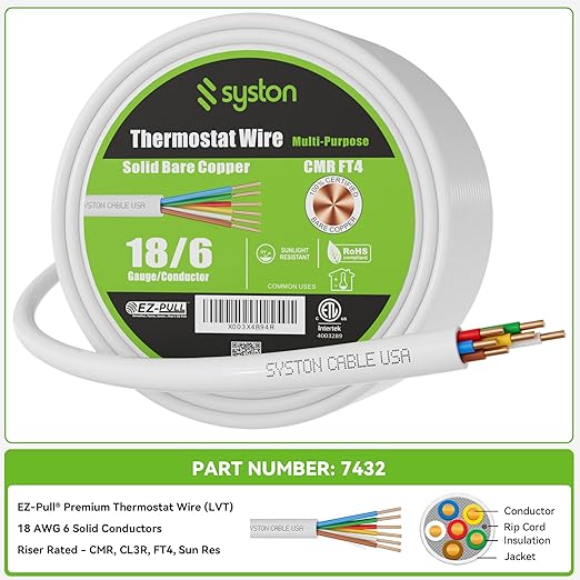 Syston 18/6 Thermostat Doorbell HVAC Heating Control Cable Wire, 18 AWG 6 Conductors 100% Solid Copper Conductors CL3R/FT4/CMR Riser-Rated, UV Resistant RoHS for Low Voltage Applications Use