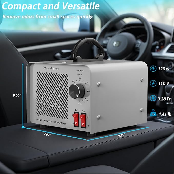 120,000mg/h 0zone Generator High Capacity Ozone Machine & 1 Billion Negative Ion Air Purifier for Home, Car, Pet Odor Removal, O3 Odor Eliminator up to 8,000 Sq. Ft.(Silver)