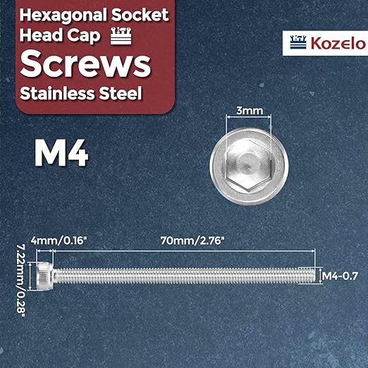 Kozelo 10pcs Socket Head Cap Screws - [M4-0.7 x 70mm] 304 Stainless Steel Allen Socket Drive for Electrical Motor 3D Printing Fan Engine Replacement Use, Silver