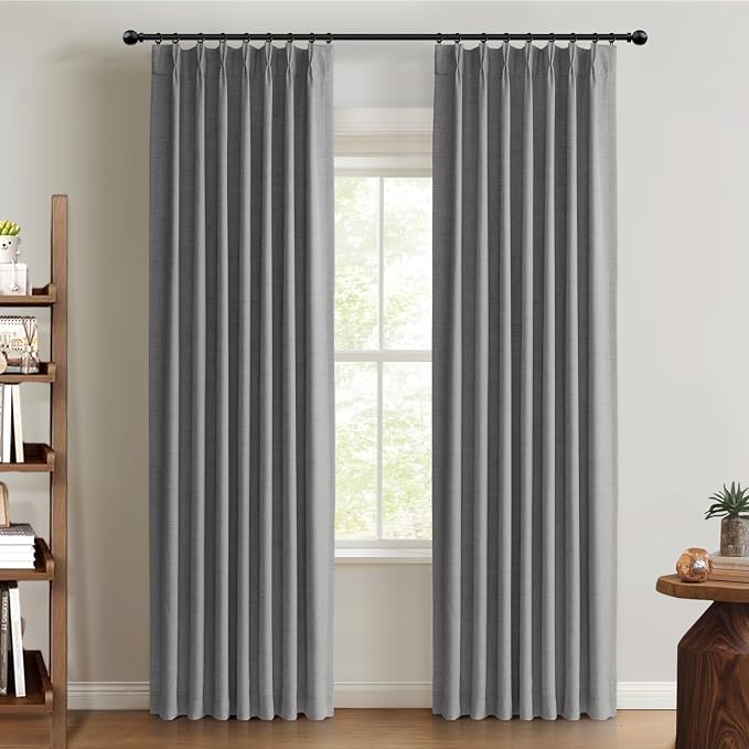 Pinch Pleated Full Blackout Faux Linen Curtains 80 Inches Long | Dark Grey by 100BlackoutShield