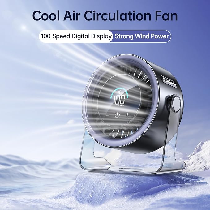Coolhill USB Desk Fan for Bedroom: 100 Speeds Digital Display Quiet Table Fan with Turbo Airflow, 120° Rotating Small Rechargeable Battery Desktop Fans for Bedroom Home Office (Black)