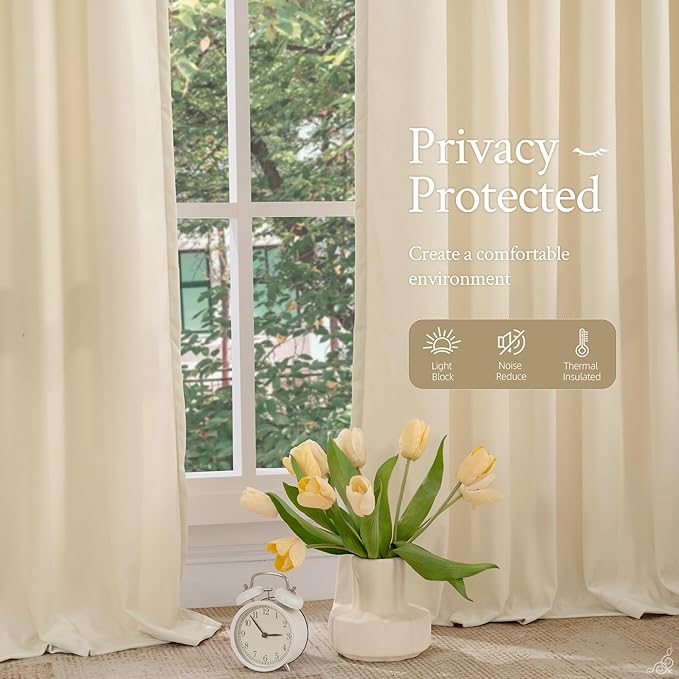 LAMIT Beige Velvet Curtains 102 Inch for Living Room, Elegant Thermal Insulated Drapes Noise Reducing Back Tab and Rod Pocket Drapes for Bedroom/French Door, 2 Panels, 52 x 102 Inch