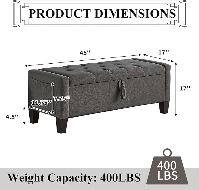 Modern Storage Ottoman Bench, Linen Upholstered End of Bed Bench - Image 2