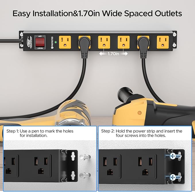CRST 6 Outlet Surge Protector Power Strip 2100J with Switch, 15A/1875W Metal Heavy Duty Power Strip, Wide Spaced Wall Mount Power Bar for Garage Workshop Home School, 6 FT Cord（ Black+Yellow）