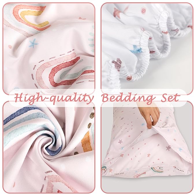 Toddler Bedding Set for Girls, 4 Piece Toddler Girl Bedding Set, Super Soft & Lightweight Pink Toddler Comforter Set Includes Comforter, Flat Sheet, Fitted Sheet, Pillowcase (Rainbow)