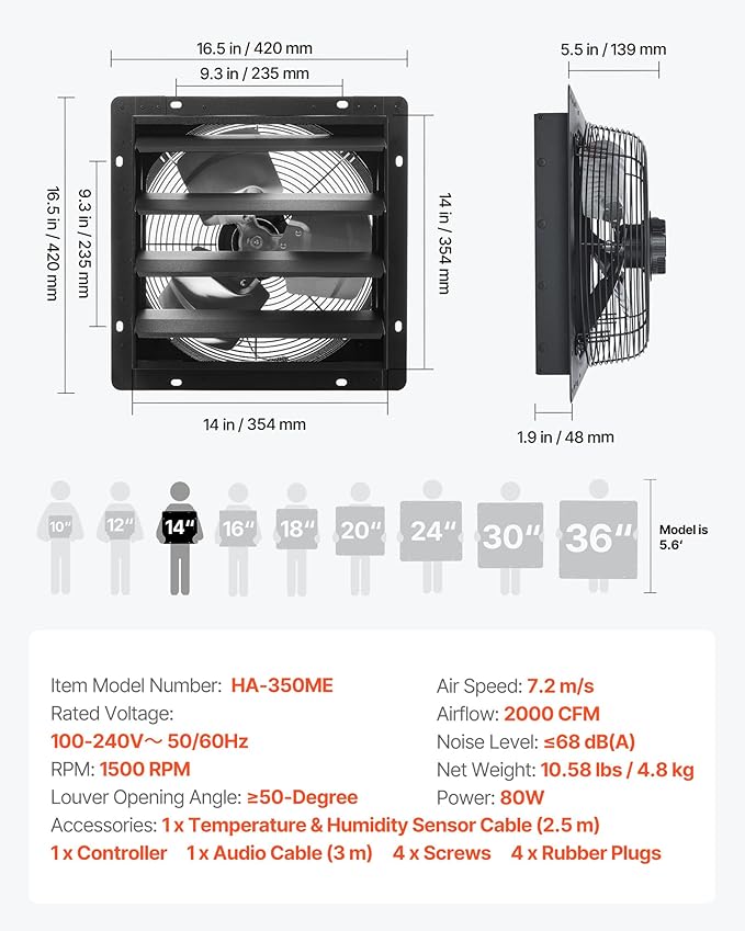 VEVOR 14 inch Shutter Exhaust Fan, Wall Mounted Attic Vent Fan with Smart Programming Variable Speed Temperature Control, 2000 CFM,EC Motor,Timer, for Shed,Garage,Greenhouse Ventilation Cooling,Black