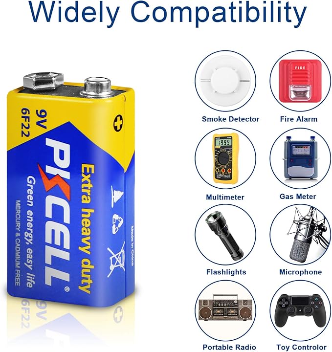PKCELL 9V Batteries, 100 Pack 9 Volt Batteries Carbon Zinc, 9V Battery for Smoke Detector, Alarms, 6F22 Square Battery