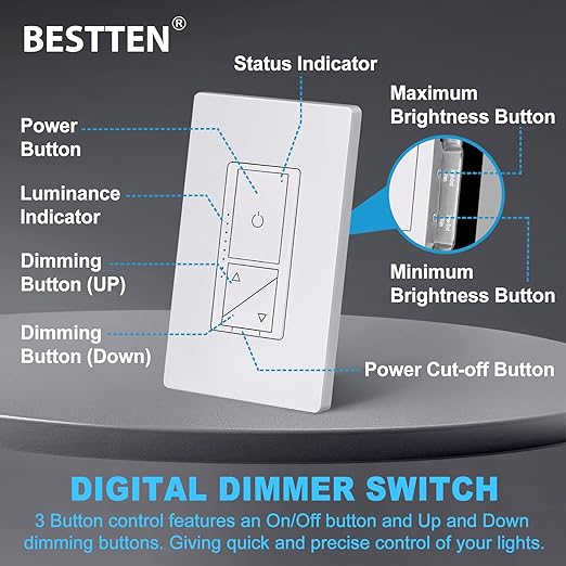 BESTTEN 5 Pack Super Slim Digital Dimmer Light Switch with Screwless Wallplate, Single Pole or 3 Way Dimmer with Air Gap Power Cut Off Switch, 3 Button Control, ETL Listed, White