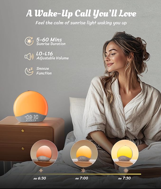 ecozy Sunrise Alarm Clock, White Noise Sound Machine, Alarm Clock for Bedrooms, 26 Soothing Sounds, 17 Night Lights, Bluetooth Speaker, Wake Up Sunlight for Heavy Sleepers, Adults, Kids