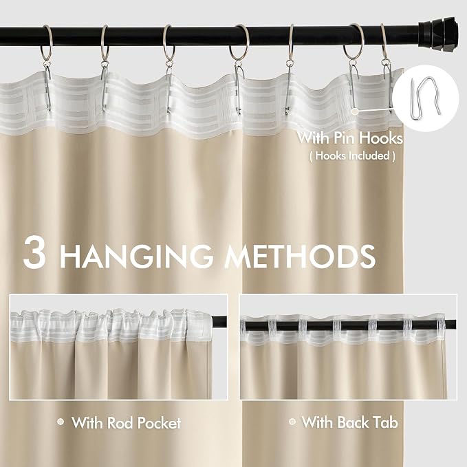MIULEE Cream Beige Back Tab Blackout Curtains 52x132 Inch Length 2 Panels | Rod - Image 3