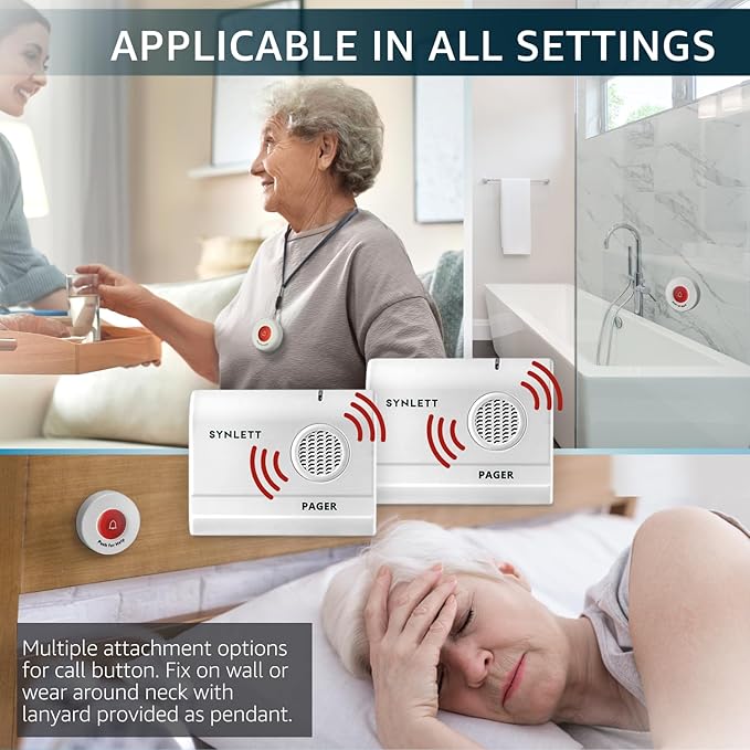 SYNLETT Caregiver Pager Call Button Wireless Call Bell Alert Buttons for Patients Elderly Seniors Home Portable Nurse Call System Bed Alarm Fall Prevention Emergency