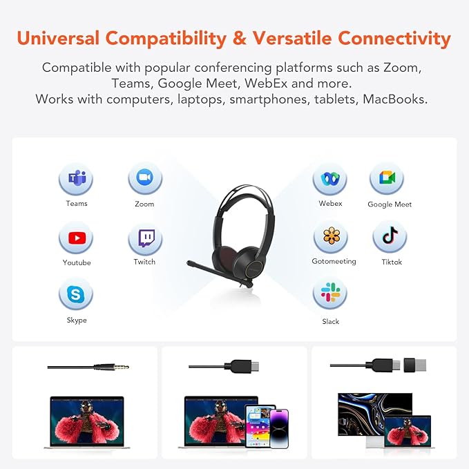 NUROUM HP11SU USB Headset with Microphone for PC, Single-Ear Headphones with ENC Boom Mic, Wired Computer Headset with Inline Control, USB A/Type-C/3.5mm for Work/Home Office/Call Center Zoom/Teams