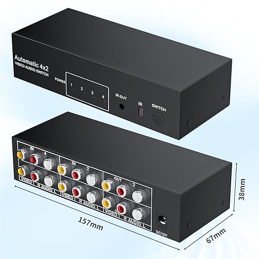 BolAAzuL RCA Switch Splitter 4 in 2 Out - Composite Video L/R Audio Selector Box 4X2, 4-Way RCA Switcher - 4 Port AV Splitter Selector Switch - for Wii PS2 Xbox DVD STB HDTV