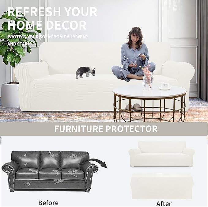 Easy-Going Stretch Oversized Sofa Slipcover 1-Piece Sofa Cover Furniture Protector Couch Soft with Elastic Bottom for Kids, Polyester Spandex Jacquard Fabric Small Checks Cream