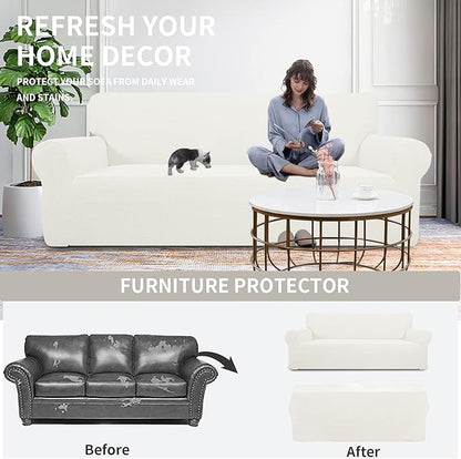 Easy-Going Stretch Oversized Sofa Slipcover 1-Piece Sofa Cover Furniture Protector Couch Soft with Elastic Bottom for Kids, Polyester Spandex Jacquard Fabric Small Checks Cream