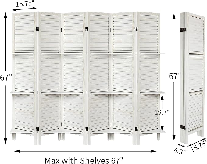 Room Divider with Shelves, 6 Panel White Privacy Screen | Partition Room - Image 3