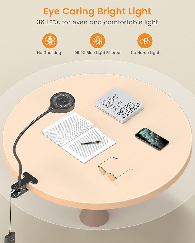 Glocusent 5W Desk Lamp with Remote, 3 Colors & 5 Brightness Reading Lights | - Image 3