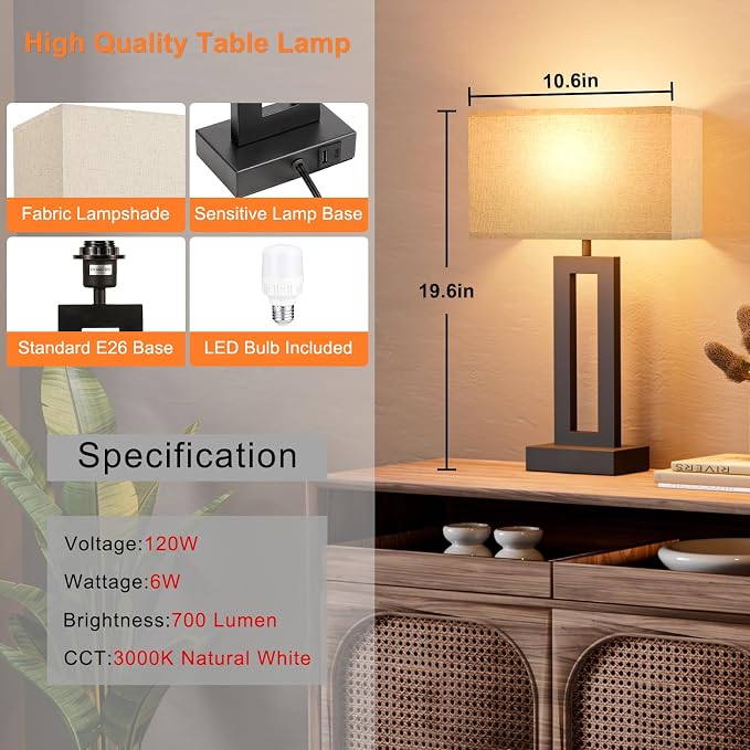 19.6" Touch Lamps for Nightstand, 3 Way Dimmable Bedroom Lamp, USB C+A | Touch - Image 6