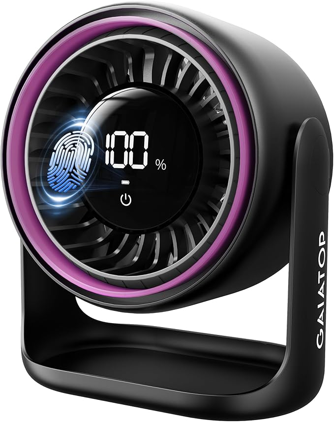 Gaiatop Desk Fan with Touch Control, 4000mAh Battery, 5 Speeds Ultra Quiet Bedroom Fan with LED Display, 90° Tilt, 7.7 In USB-C Rechargeable Desktop Fan for Dorm Office Room Home Office, Black Purple