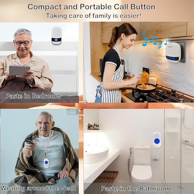 LIOTOIN Caregiver Pager Wireless Call Button Call Bell Call Light Alert Button for Home/Elderly/Patients/Disabled Nurse Alert System Emergency Button 3 Plugin Receivers 5 Waterproof Transmitters