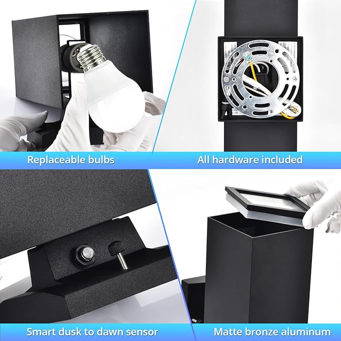 wowlite Outdoor Wall Lights Dusk to Dawn Sensor, 2700K Warm LED Up Down Sconce, IP65 Waterproof 13" Modern Square Matte Black Exterior Light Fixture Wall Mount for Porch Patio Garage, ETL Listed