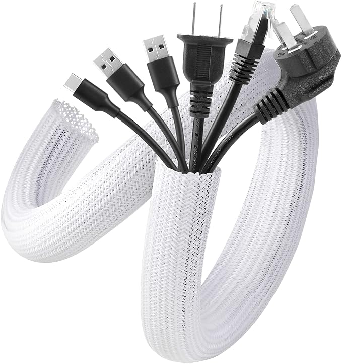 AGPTEK Cable Sleeve Cover, 6.6ft - 1.2 inch Desk Cord Organizer Cable Hider, Home Office Wire Management Computer TV Wire Loom Tubing, Pet Proof Cord Protector, from Cat Dog Chewing, White