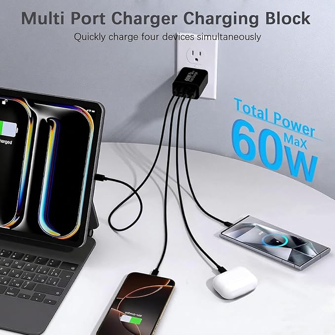 60W USB C Charger Block,2Pack 4-Port GaN USB C Charger Fast Charging Wall Plug Dual Type C+Dual USB-A Port,Multiport Power Adapter Cube for iPhone 17 Pro Max/16e/15/14/13/12/11,iPad Pro/Air/Mini-Black