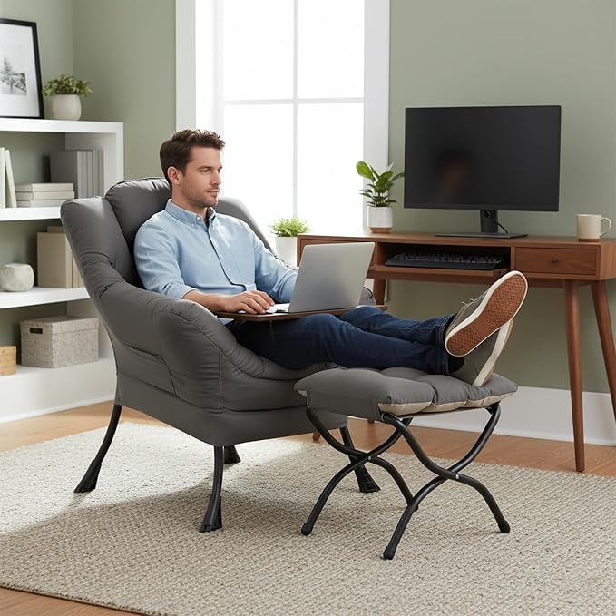 Welnow Lazy Chair with Ottoman, Reading Chair with Footrest, Dark Grey | A Side - Image 8