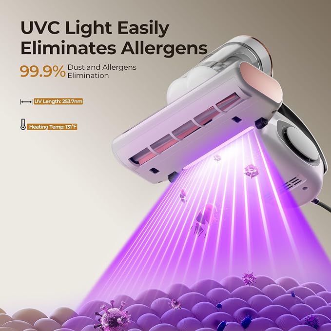 JIGOO Bed Vacuum Cleaner with Dust Sensor, Mattress Vacuum Cleaner with UV & Ultrasonic and High Heating, 13Kpa Suction 500W Powerful Double-Cup Handheld Vacuums (J300, Corded)