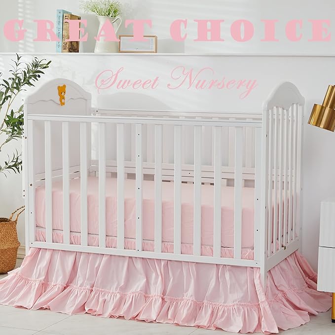 Brandream Crib Bed Skirt for Baby Girls Boys Blush Pink Boho Bohemian Solid Cotton Toddler Bedskirt Farmhouse Chic Ruffle