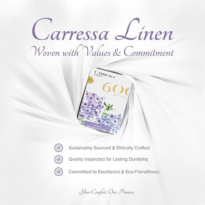 Carressa Linen 100% Egyptian Cotton Pillow Cases Queen Size Set of 2 - Luxury 600 Thread Count Light Blue Standard/Queen Size Pillowcases, Silky Soft, Cooling Sateen Weave Hotel Quality Pillow Cover