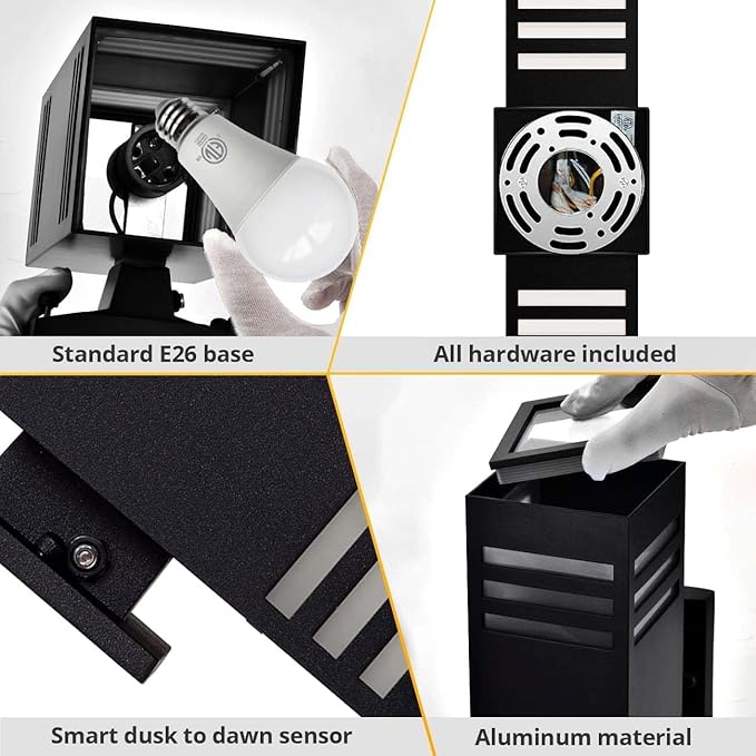 rosykite Dusk to Dawn LED Outdoor Light Fixture Wall Mount,Black Square Porch Lights Outdoor,Modern Exterior Wall Sconce Lights 13In, Bulb Includes Up Down Outside Wall Light for House Front Door