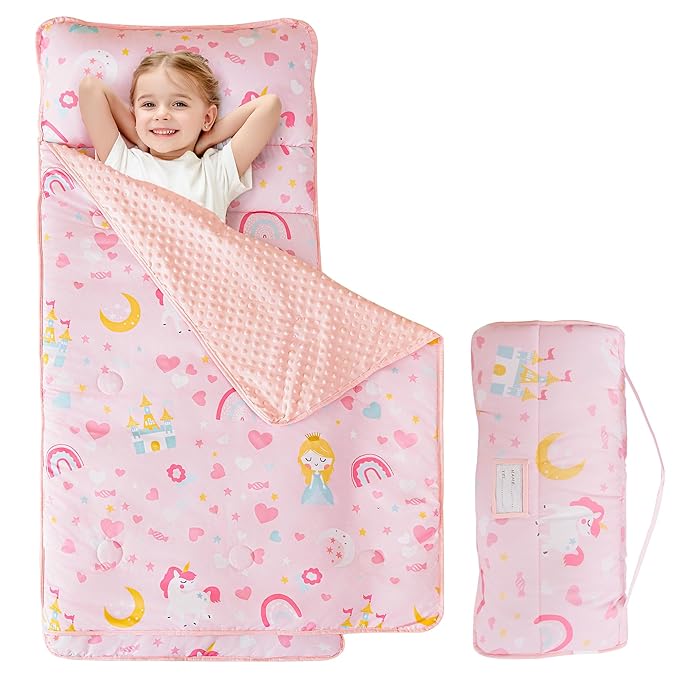 Viviland Toddler Kid Nap Mat for Preschool, Girls Pink Princess Daycare Kindergarten Slumber Bag