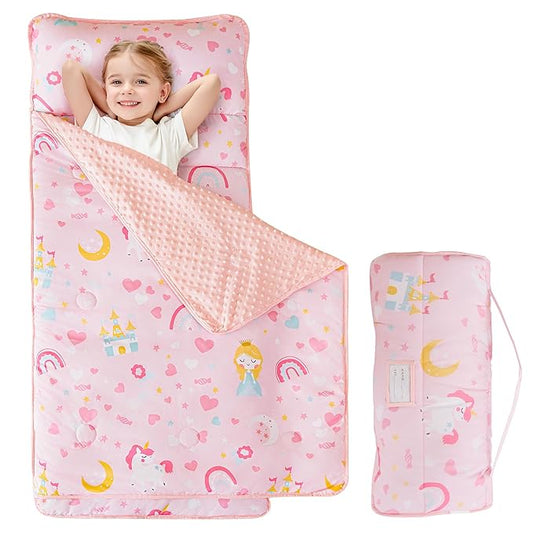 Viviland Toddler Kid Nap Mat for Preschool, Girls Pink Princess Daycare Kindergarten Slumber Bag