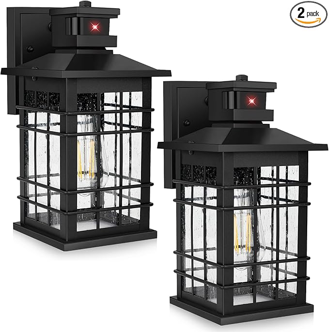Motion Sensor Outdoor Wall Lights Black, Dusk to Dawn Outside Porch Lights Fixture Wall Mount, Waterproof Exterior Light Fixtures, 2-Pack Matte Black Wall Sconces Lantern for House Patio Garage
