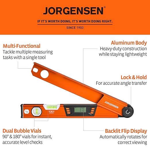 JORGENSEN Digital Angle Finder, Multi Angle Finder Tool with Backlit LCD, Protractor Digital Level with Horizontal & Vertical Bubble
