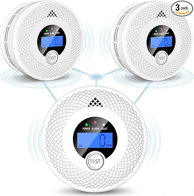 3 Pack Interconnected Smoke and CO Alarm with LCD Screen, 85dB Audible & Visual Alert, RF Sync Network, Battery Powered, Ideal for Multi-Room Setup in Home, Office, RV