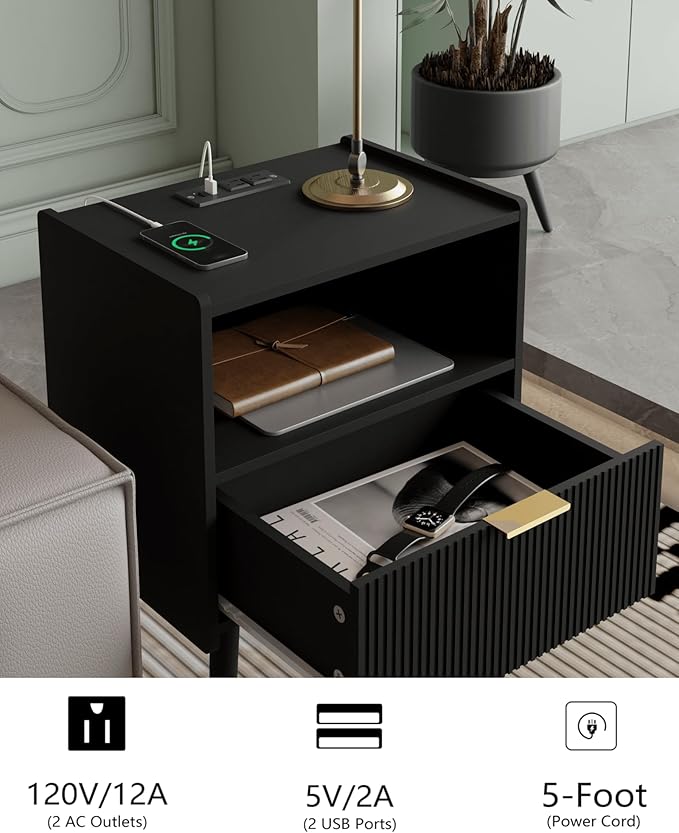 Nightstand,Modern Bedside Table with Storage Drawer and Open Wood Shelf, Accent Night Stand with Solid Wood Legs for Living Room, Bedroom and Small Spaces,Easy Assembly (Black-Outlet)