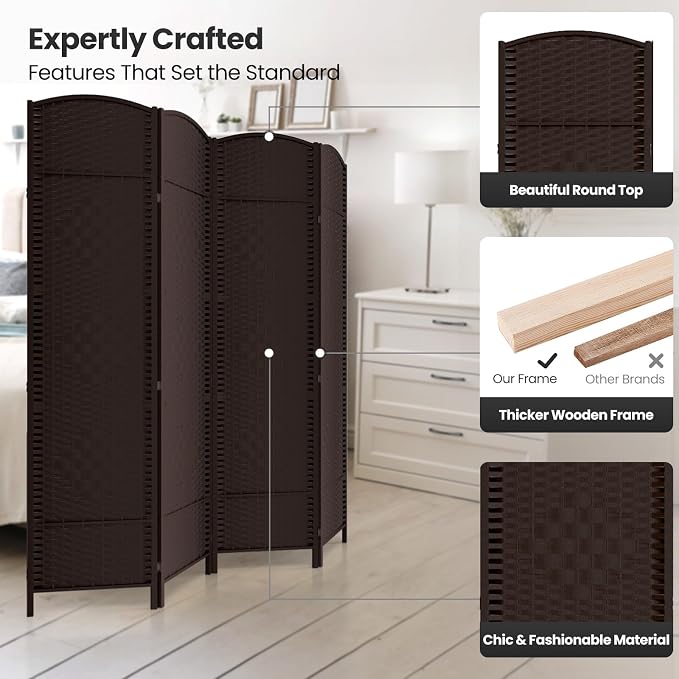 4 Panel Folding Room Divider, Woven Privacy Screen, Chocolate | Solid wood frame - Image 2