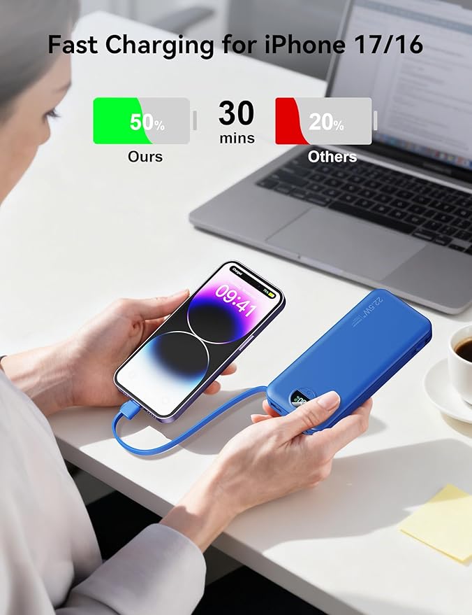 Ultra-Portable-Charger-Power-Bank with Built in Cables&AC Wall Plug,12000mAh PD20W USB-C Fast Charging Cell Phone Charger Battery Pack,LED Display Travel Battery Bank for All iPhone,Samsung,Android
