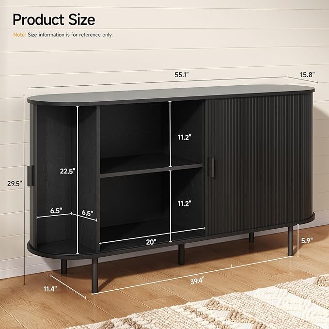 ONBRILL 55" Sideboard Buffet Cabinet with Storage, Storage Cabinet with Sliding Door & Adjustable Shelf, Modern Accent Coffee Bar Cabinet Console Table for Kitchen, Entryway, Black