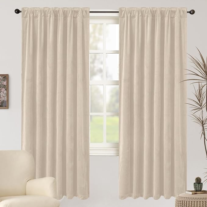 BGment Cream Beige Velvet Blackout Curtains 72 Inch Length - Image 2