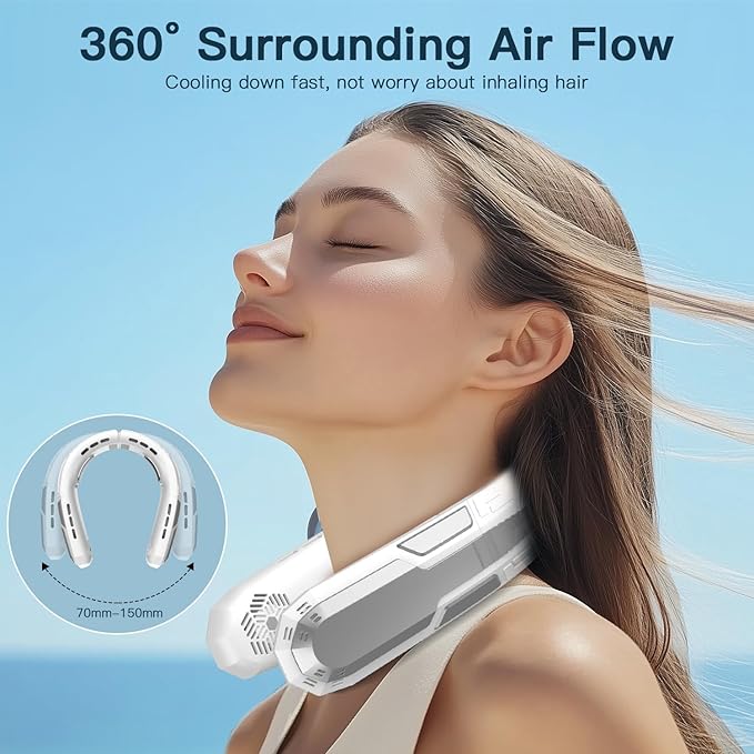 WXX Portable Neck Fan, 6000mAh Battery Neck Fan Rechargeable, 360° Cooling Personal Fan, 3 Speeds Foldable Quiet Wearable Fan for Travel Outdoor Indoor, Birthday Gifts for Men Women-White&Grey