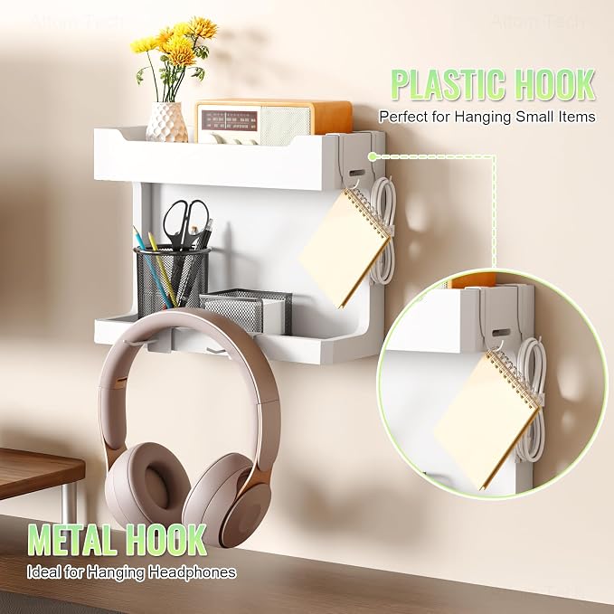 NiHome Bedside Wall Shelf, Wood Organizer, Magnetic Hooks, 2 Tier, Cable Holes - Image 5
