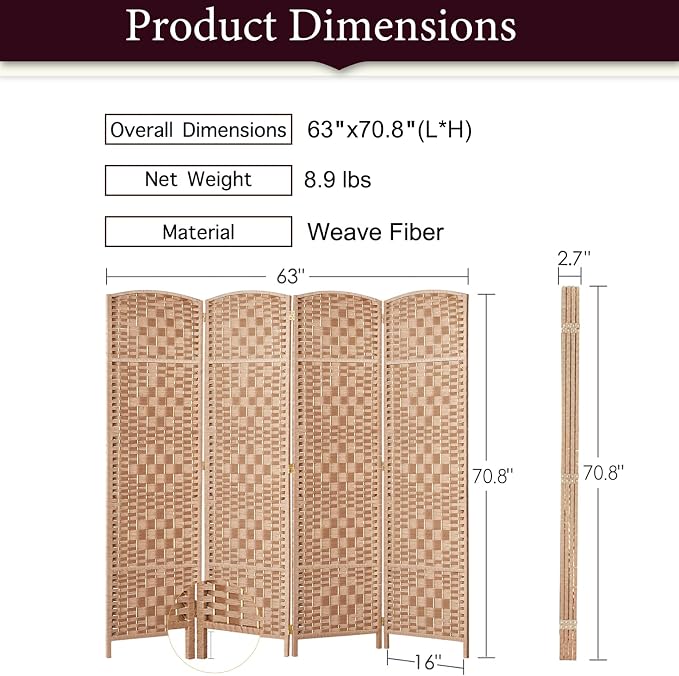 RHF Room Divider Panel, 4Panel Partition Room Dividers, Wall Divider, Natural | - Image 3