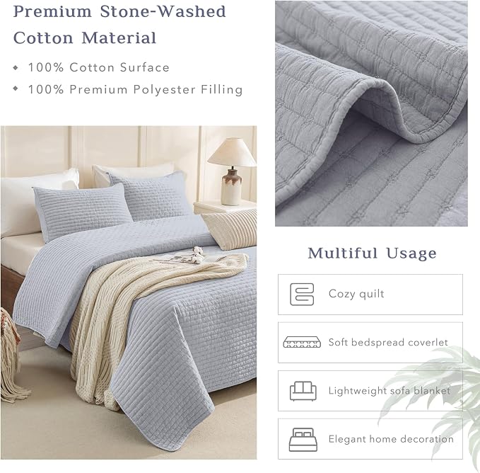 CozyTide Quilt King Size, Stone-Washed Cotton Light Blue King Quilt Bedding Set - Image 4