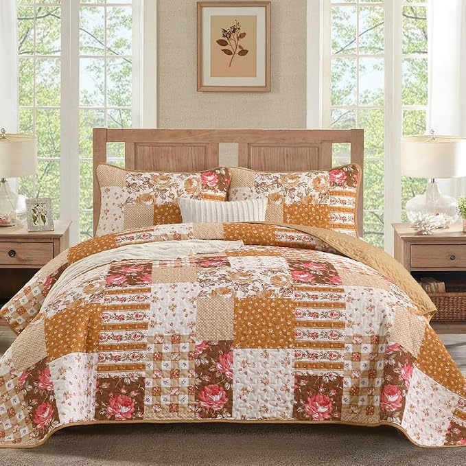 Floral Quilt Set Queen Size, 3 Pieces Patchwok Burnt Orange Brown Bedspread by Anibedding