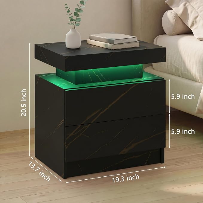 LED Nightstand with Wood 2 Drawers Modern Bedside Table - Image 2