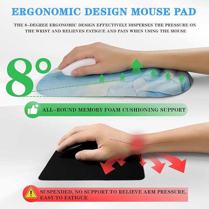 Mouse Pad Wrist Wrist Rest, Comfortable Memory Foam Wrist Rest, Non-Slip PU Base, Ergonomic Wrist Support and Arm Rests for Gaming, Office, Computer Use, Relieve Typing Pain (Blue Marble)